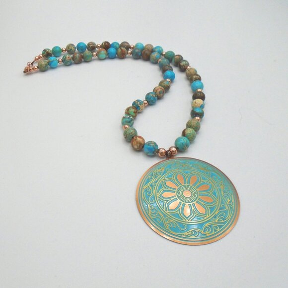 BEAUTIFUL AFRICAN SEA SEDIMENT JASPER Aqua Blue Pendant Necklace - Picture 2 of 2